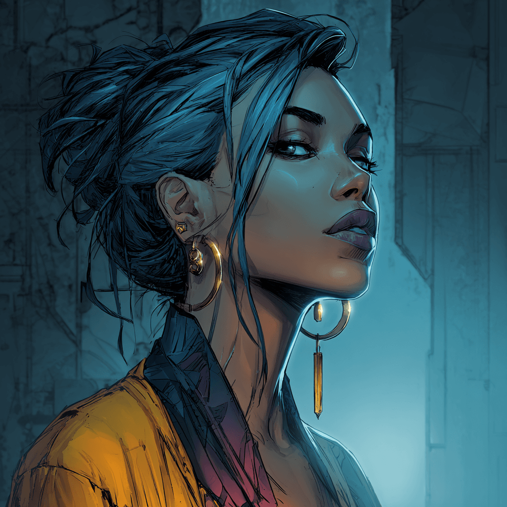 AI generated: digital cel-shaded comic book art of a of a woman in vibrant clothing and futuristic jewelry, set ag...