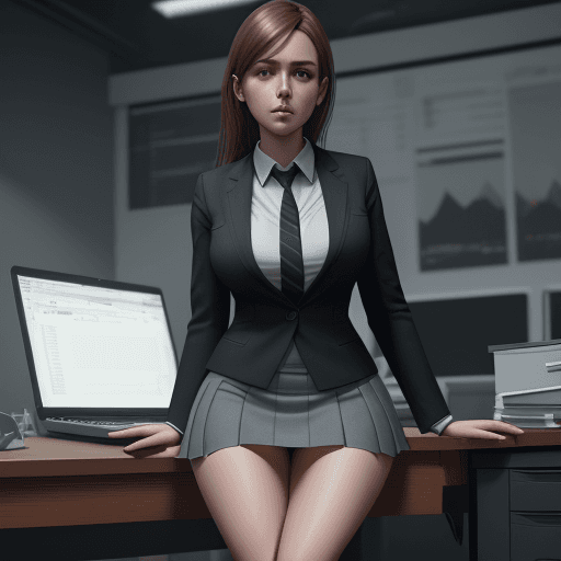 AI generated: Hyperrealistic Girl sitting on desktop working office, wearing casual business clothes, suit set and...