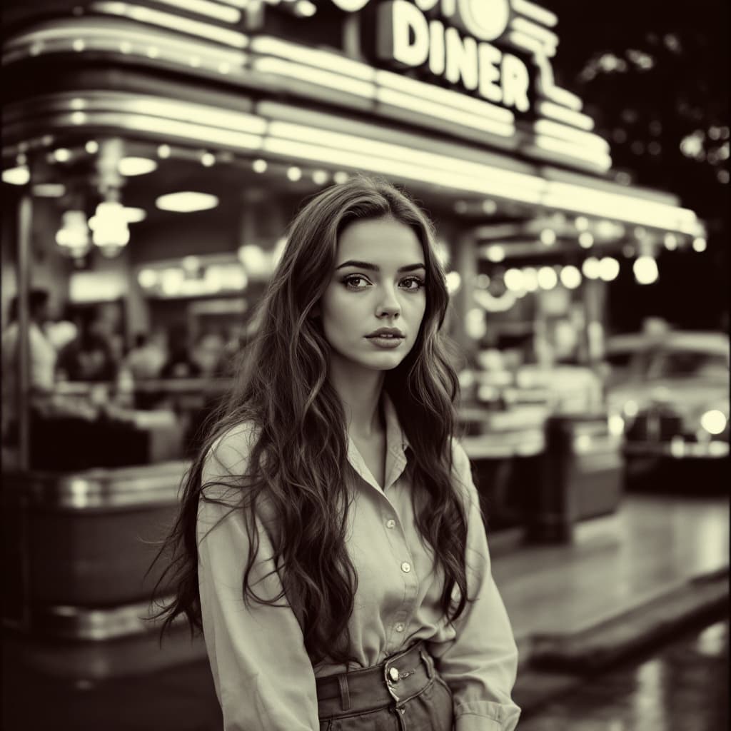 AI generated: Outside of a 1960s diner in monochromatic colors and vintage feel. a young Lady, long hair, look for...