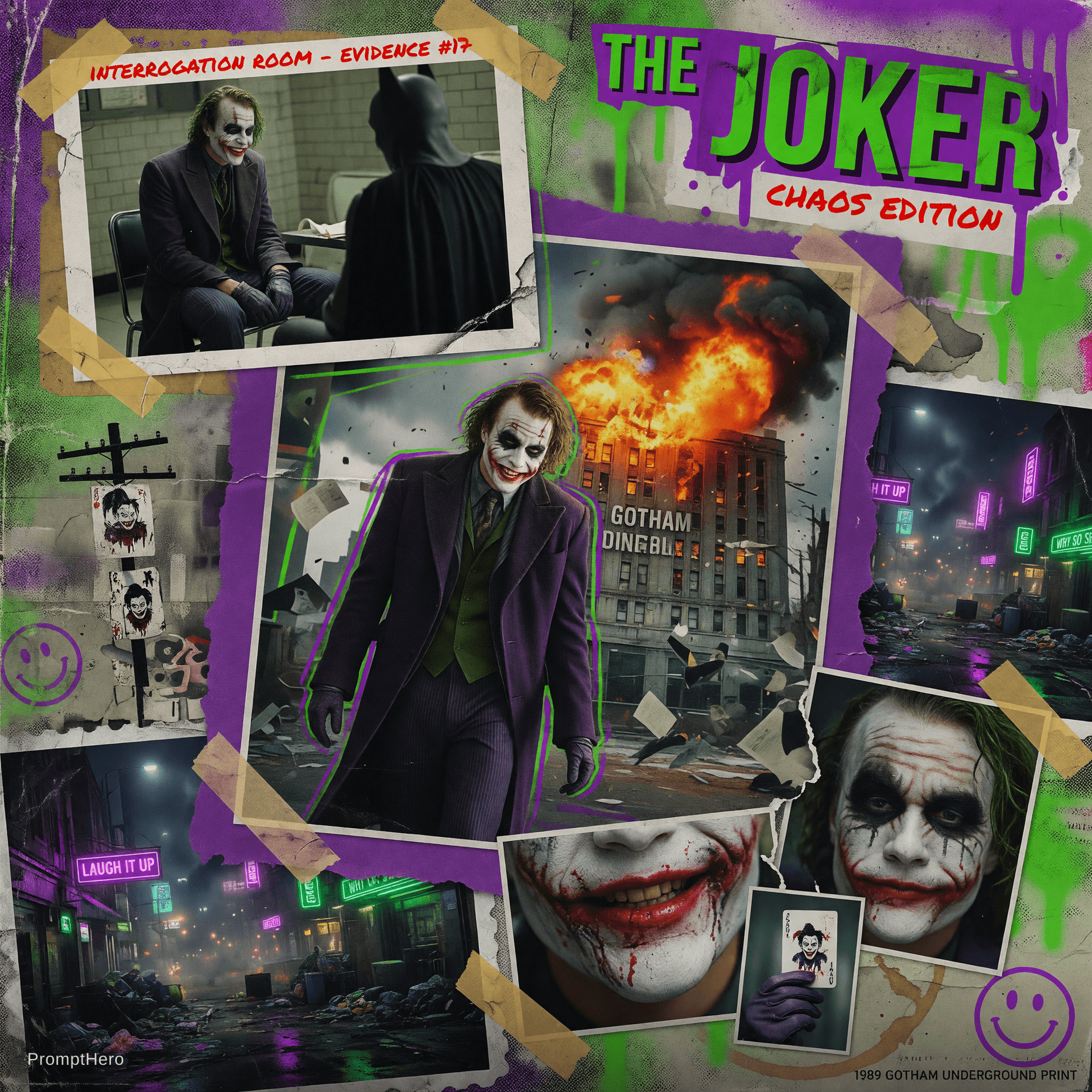 AI generated: A retro vintage collage design of Heath Ledger as the Joker. The central image shows him walking in ...