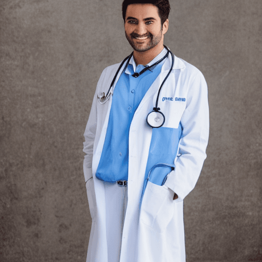AI generated: Happy doctor using a white coat and wearing a stethoscope around the neck looking forward with a big...