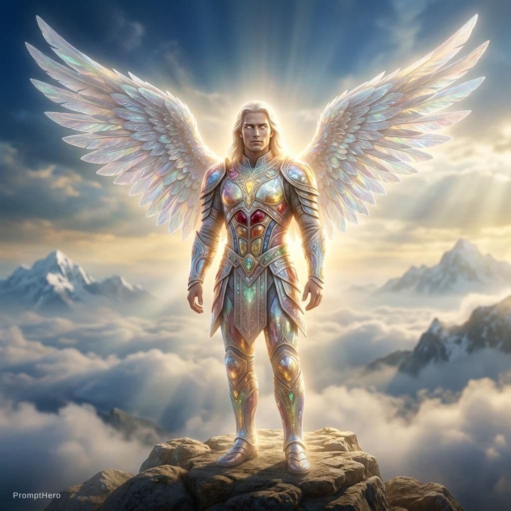 AI generated: A stunningly handsome and realistic male angel stands in heavenly glory, radiating intense golden an...