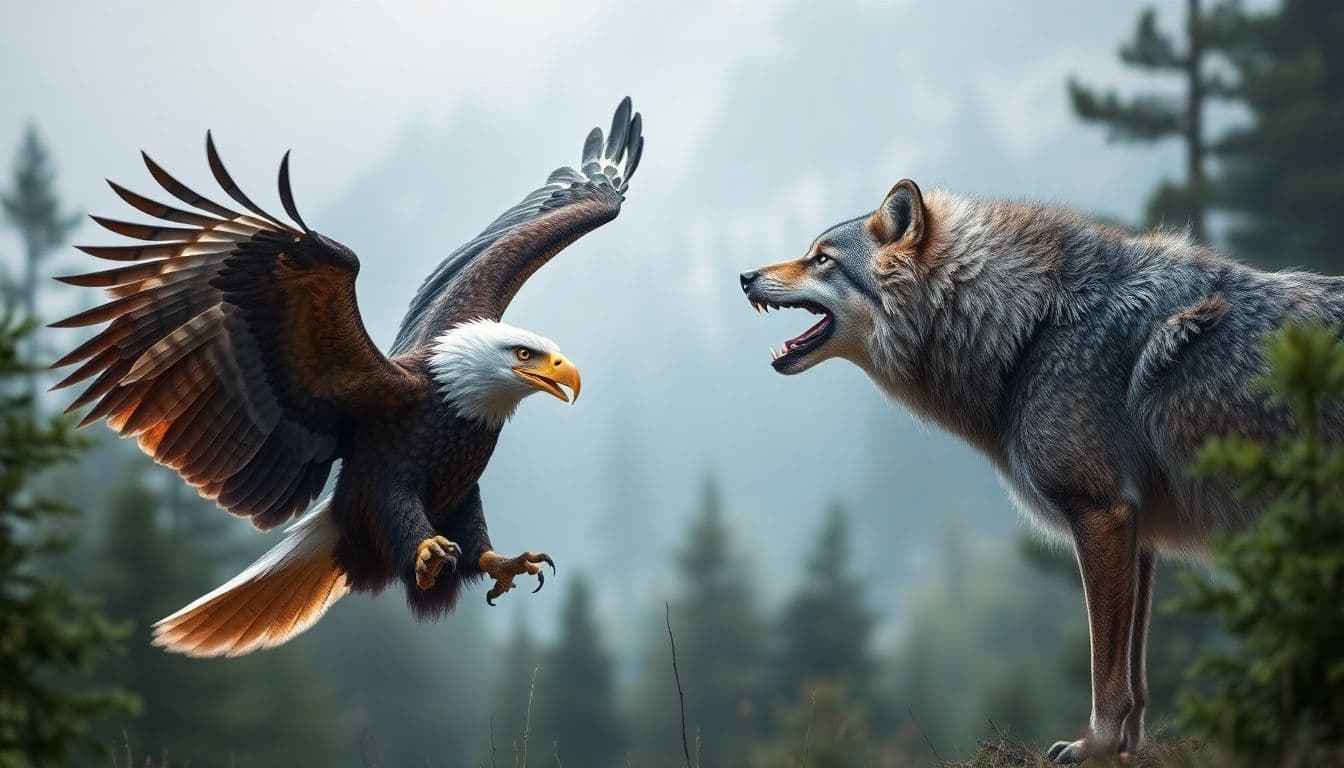 AI generated: eagle and wolf fight together in forest. strong