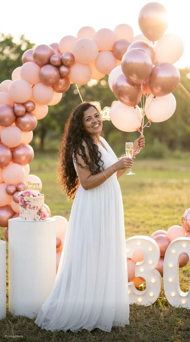 AI generated: Ultra realistic outdoor birthday photoshoot at golden hour, luxury celebration setup in an open fiel...
