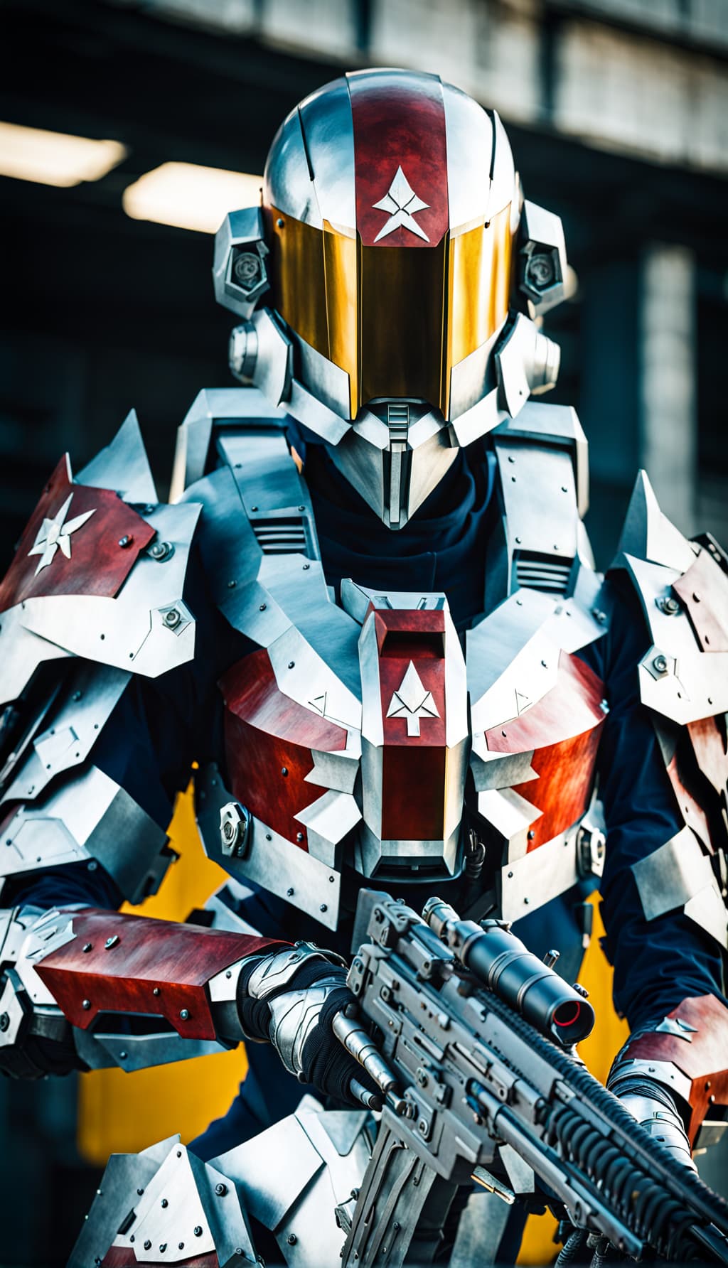 AI generated: 500mm Cinematic intricate photograph, 8k, Emily Blunt as a devout sister of battle, battle stance, s...