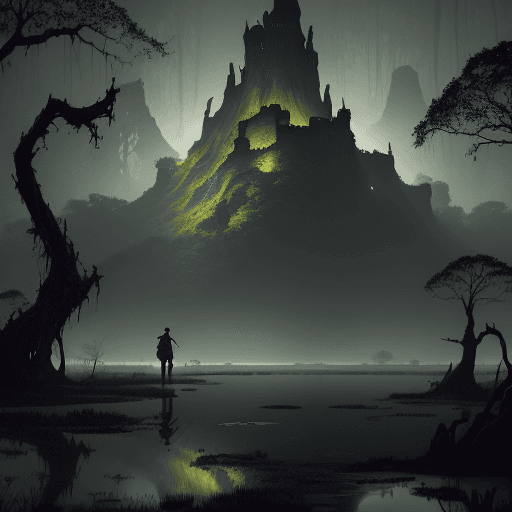 AI generated: Hyper realistic landscape in Ansel Adam style, Swamp, from the point of view a frog, deep in the bac...