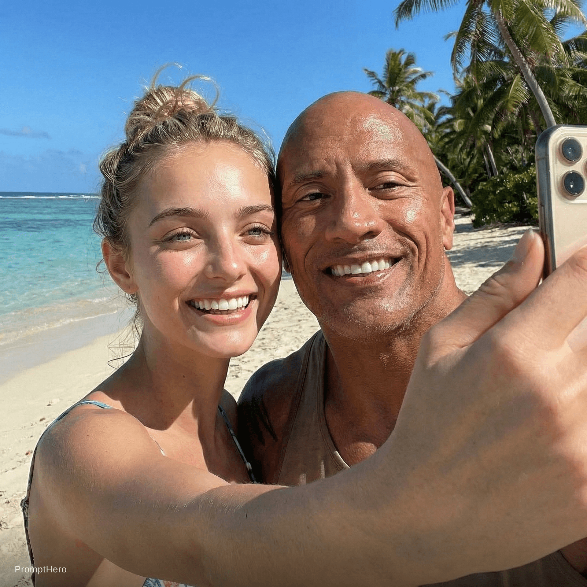 AI generated: with Dwayne Johnson at a tropical beach, sunny day, both smiling