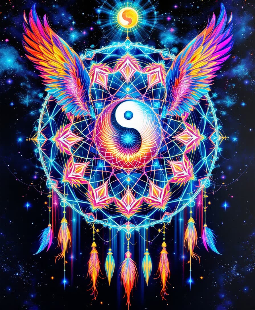 AI generated: Mandala Dreamcatcher silkscreen wall tapestry,((("Peace & Love"))) pearlescent holograph elemental  ...