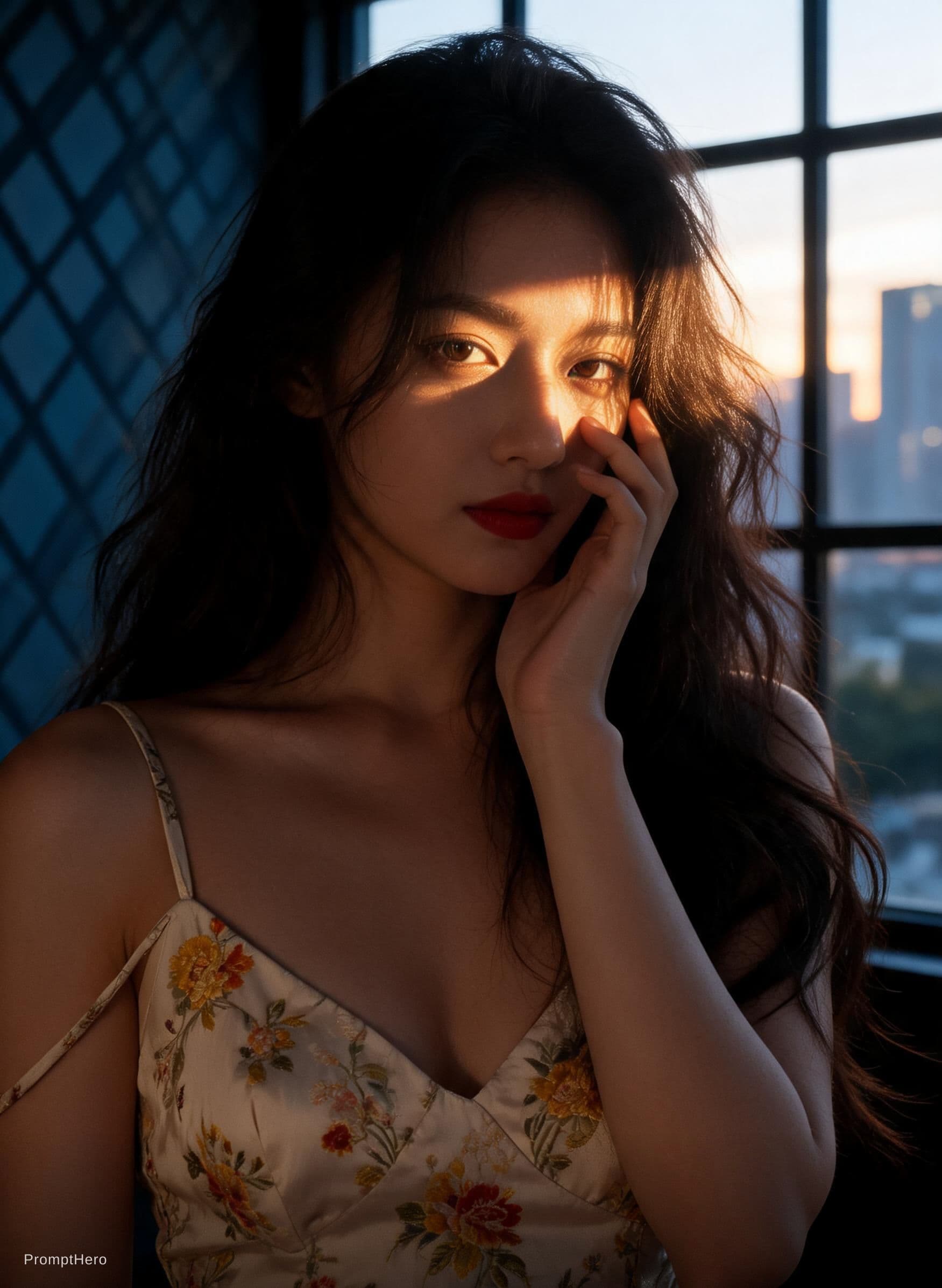 AI generated: A cinematic photorealistic boudoir portrait of a beautiful Asian woman kneeling on a bed. She is wea...