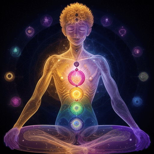 AI generated: a human being who shines and throughout his vertebral Cologne we see the brilliance of these chakras...