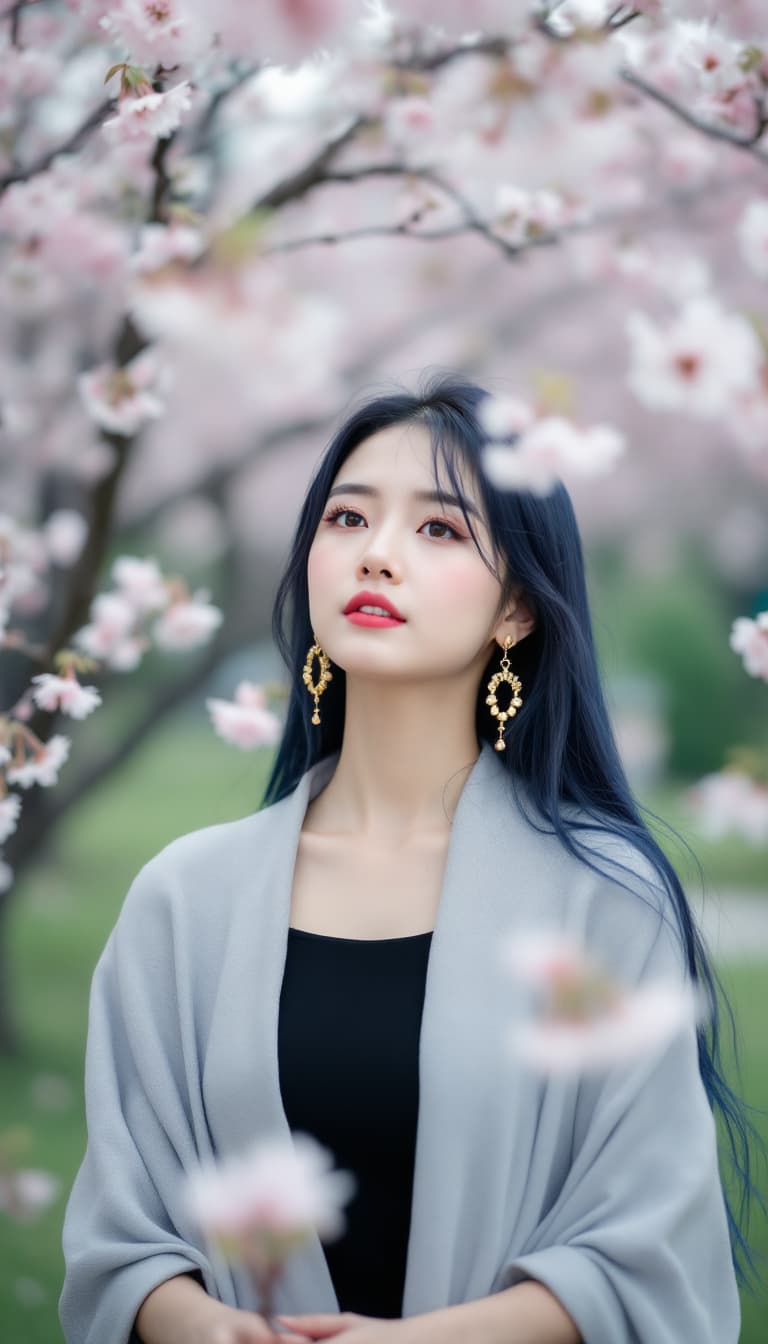 AI generated: A woman with long, dark blue hair adorned with gold earrings stands amidst a blossoming cherry bloss...