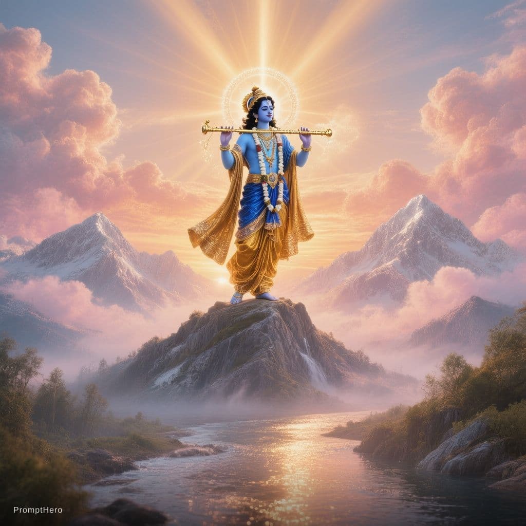 AI generated: A divine cinematic background image of Lord Krishna standing gracefully on a majestic mountain peak ...