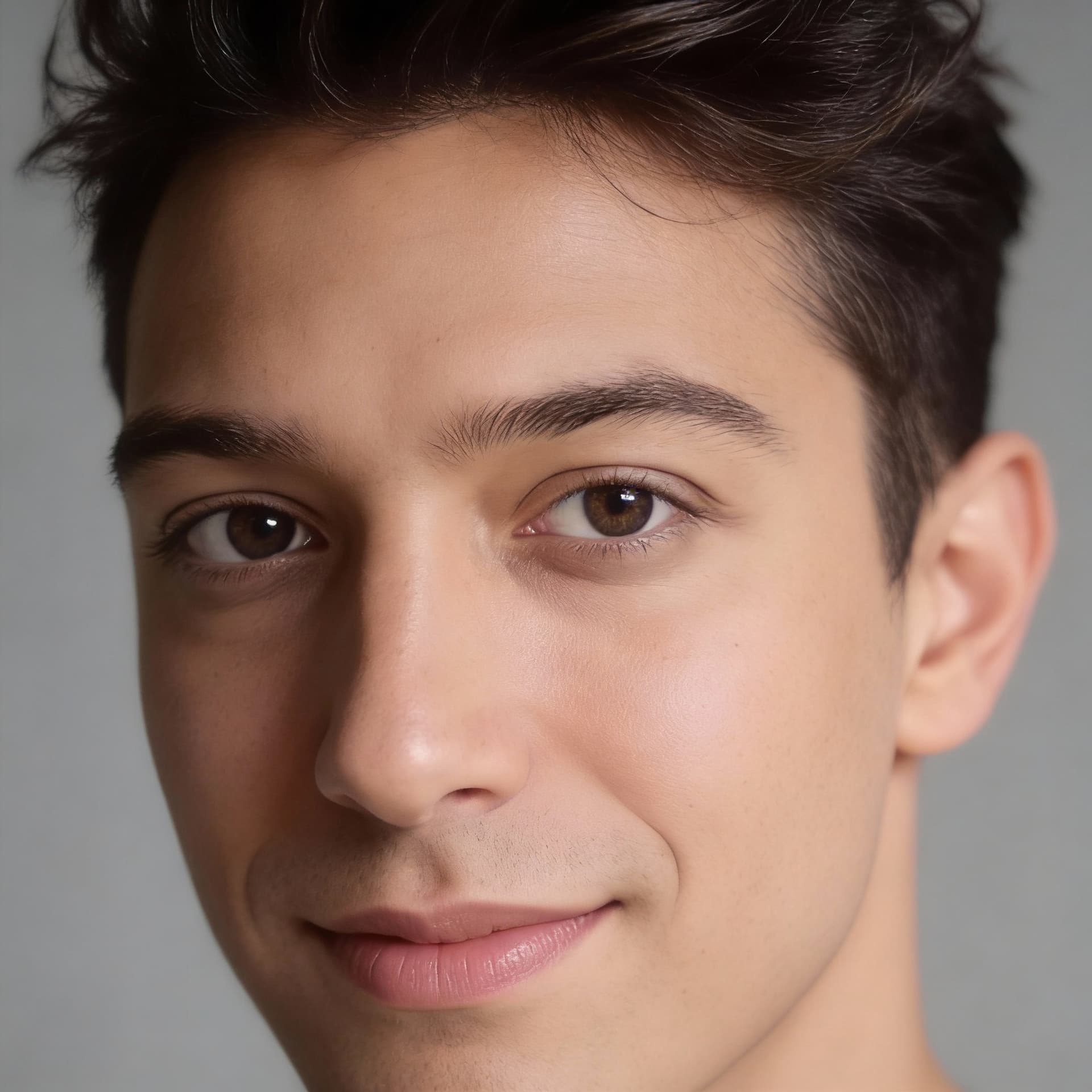 AI generated: Extreme intimate close-up portrait of a young man's face, eyes intensely and emotionally connected t...