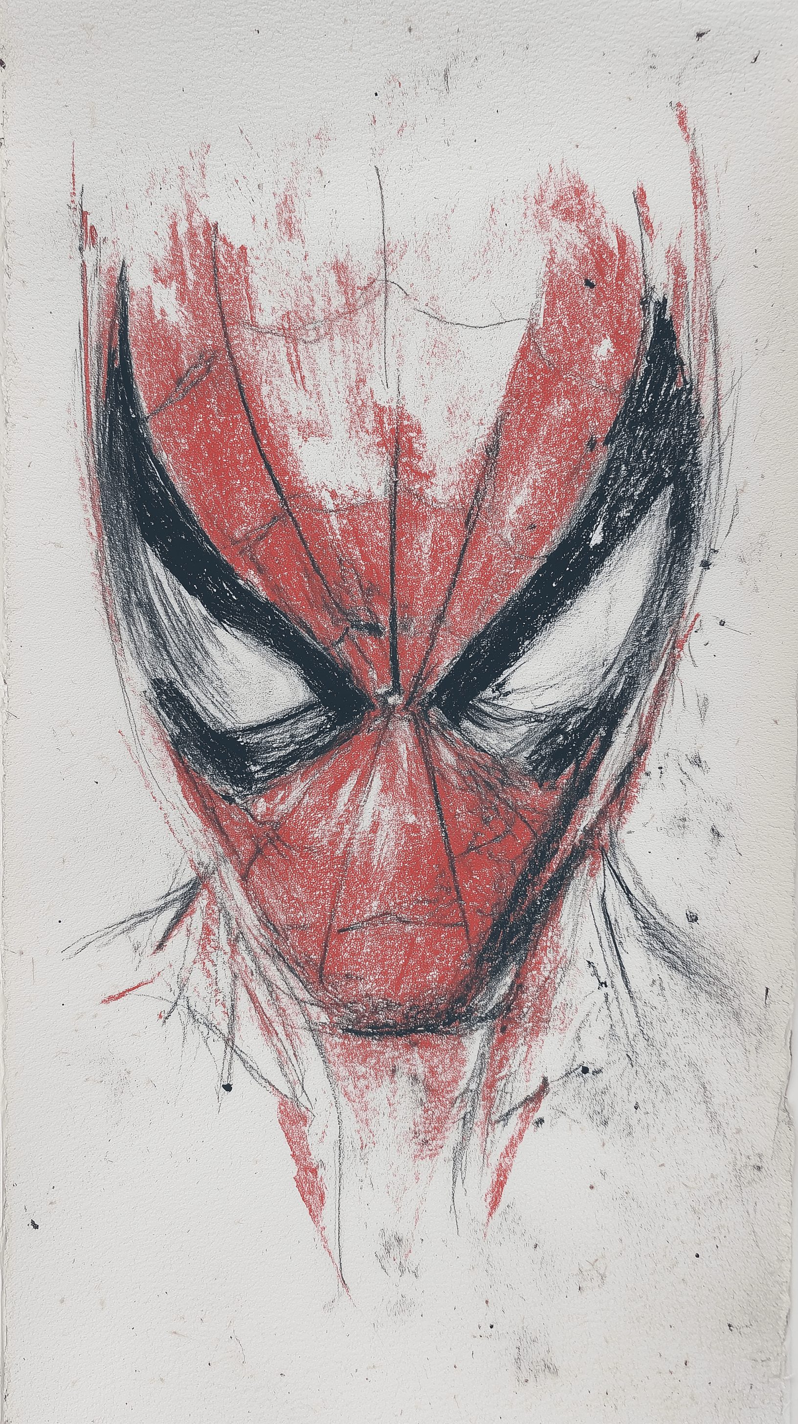 AI generated: rough and dirty croquis, front composition, red 4B pencil on rough textured canvas, spider man chara...