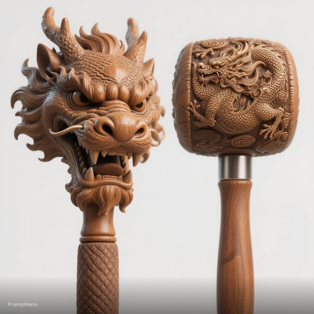 AI generated: Chinese dragon head massage hammer, carved dragon head design, wooden handle stick, traditional Chin...