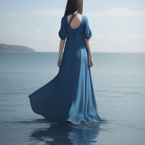 AI generated: a girl clothed in blue long dress ,stand in sea ,backward to us , 