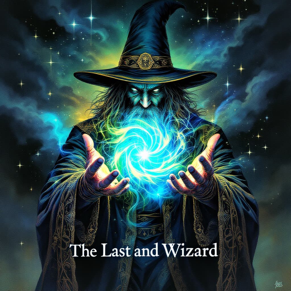 AI generated: A highly detailed and colorful illustration of a mysterious wizard with a tall, pointed hat facing t...