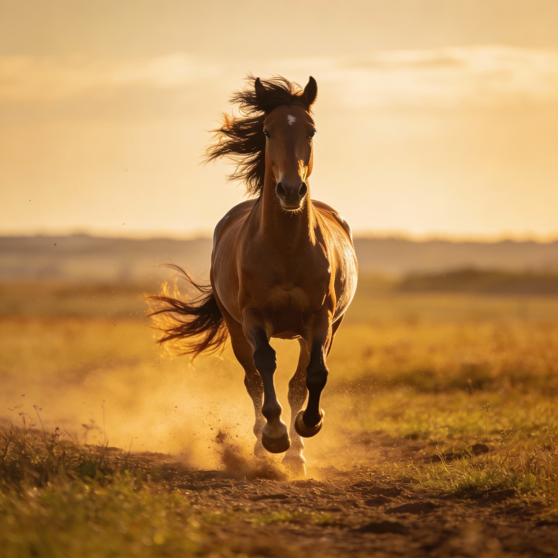 AI generated: A beautiful, muscular horse running at a fast pace directly toward the camera across an open field, ...