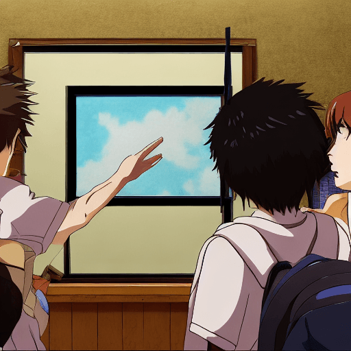 AI generated: 
high definition anime portrait of 2 college students explaining in a classroom to 13 year olds look...