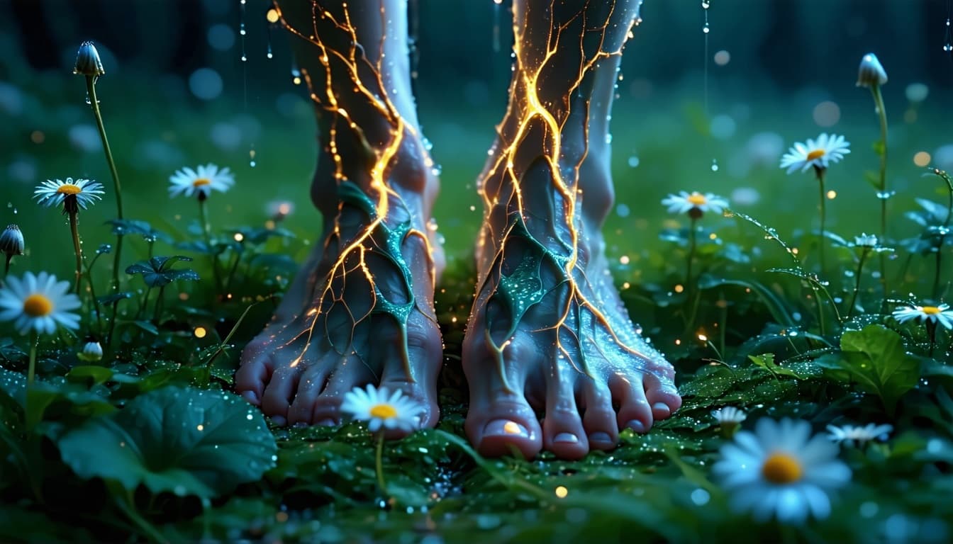 AI generated: Magical-realistic macro close-up of bare feet standing on a dewy meadow at night. Low camera angle, ...