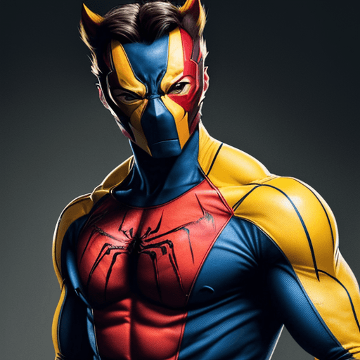 AI generated: HUGH JACKMAN IN A YELLOW/RED AND BLUESPIDER-WOLVERINE 
 SUIT WITH A MASK

