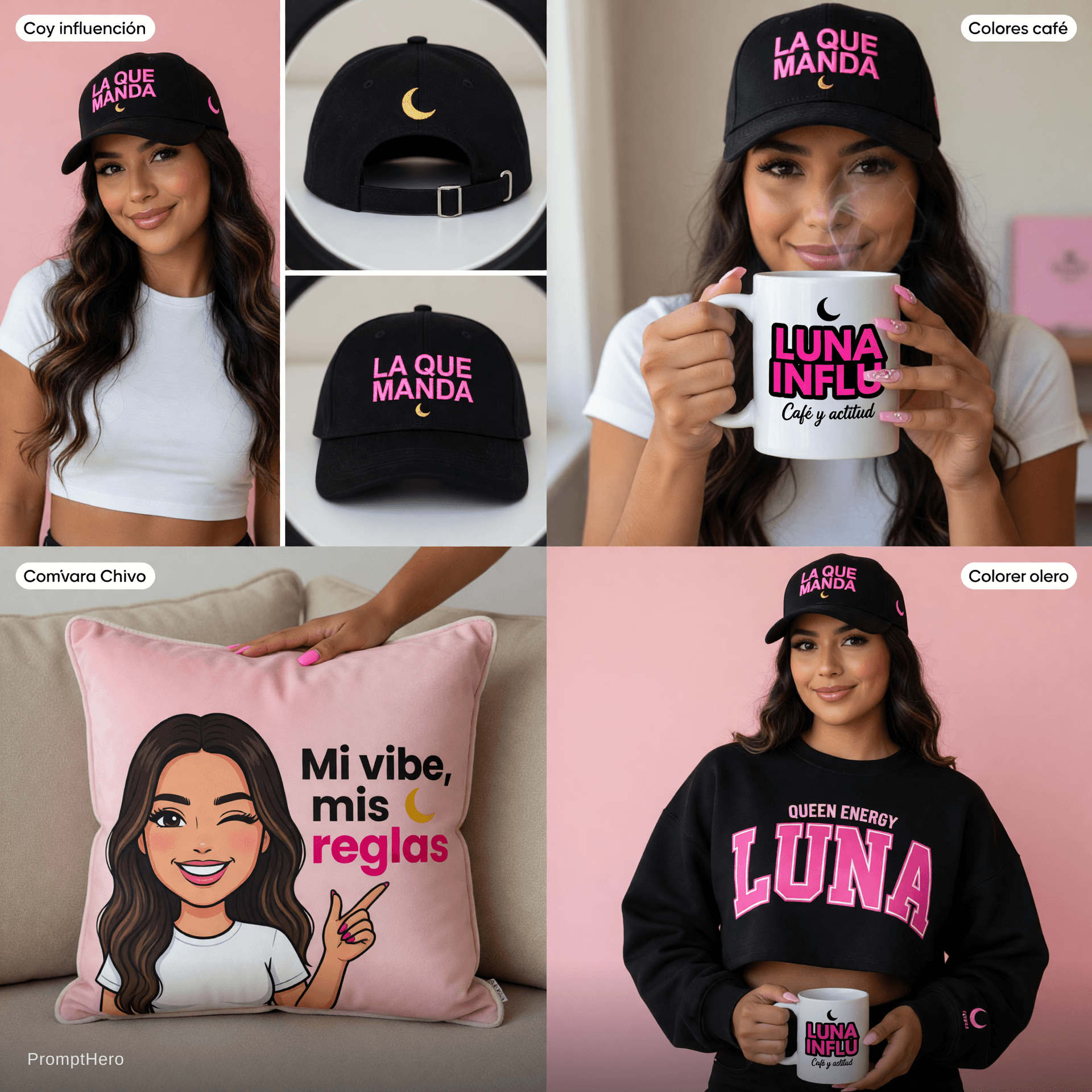 AI generated: crear imagenes de mi influencer usando gorras una taza almohadas y polera
