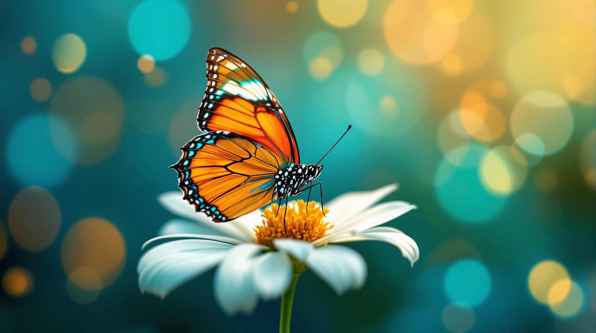 AI generated:  Un papillon vibrant se perche délicatement au centre d'une fleur épanouie. Les ailes du papillon pr...