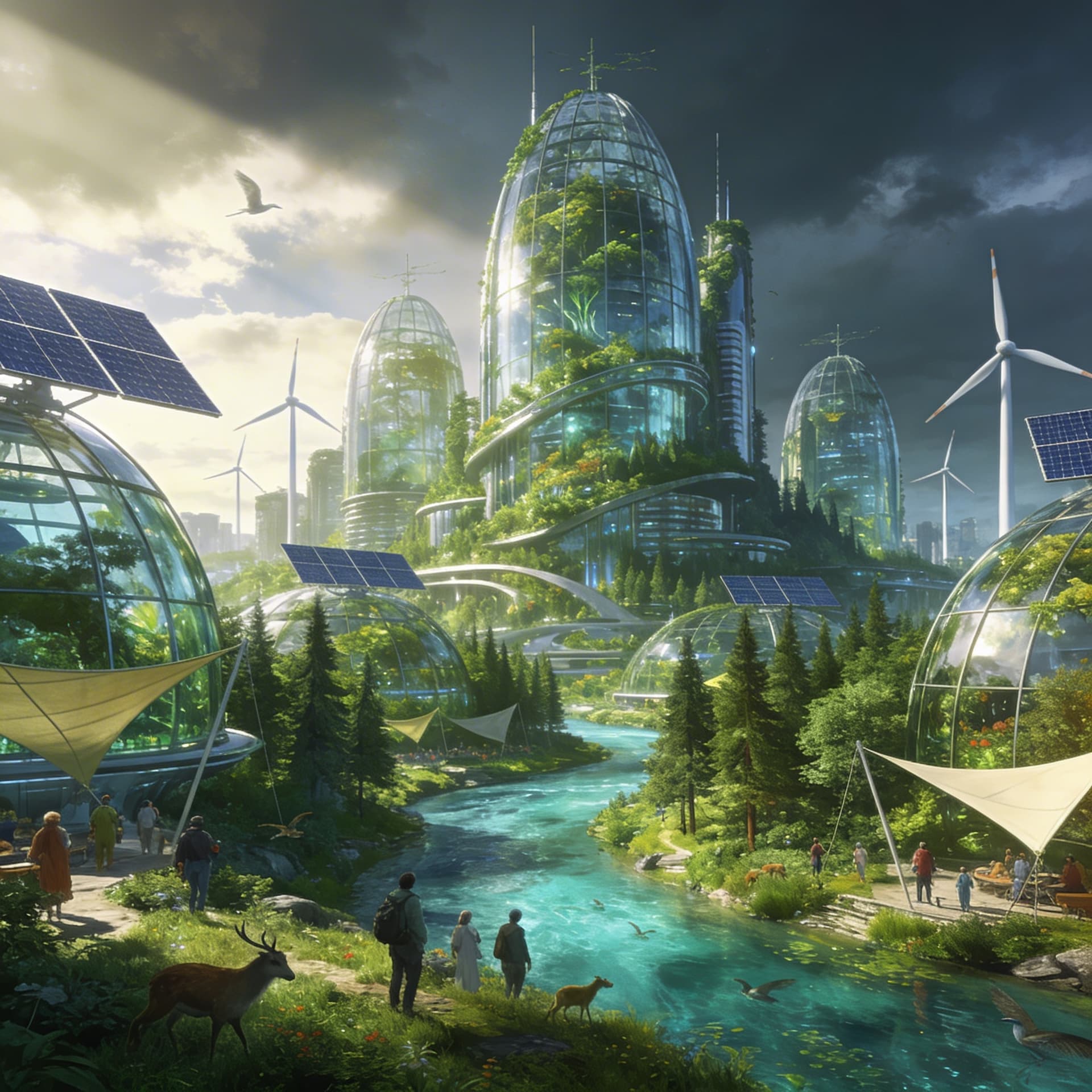 AI generated: A hyper-detailed, cinematic digital painting of a futuristic eco-city where nature and technology co...