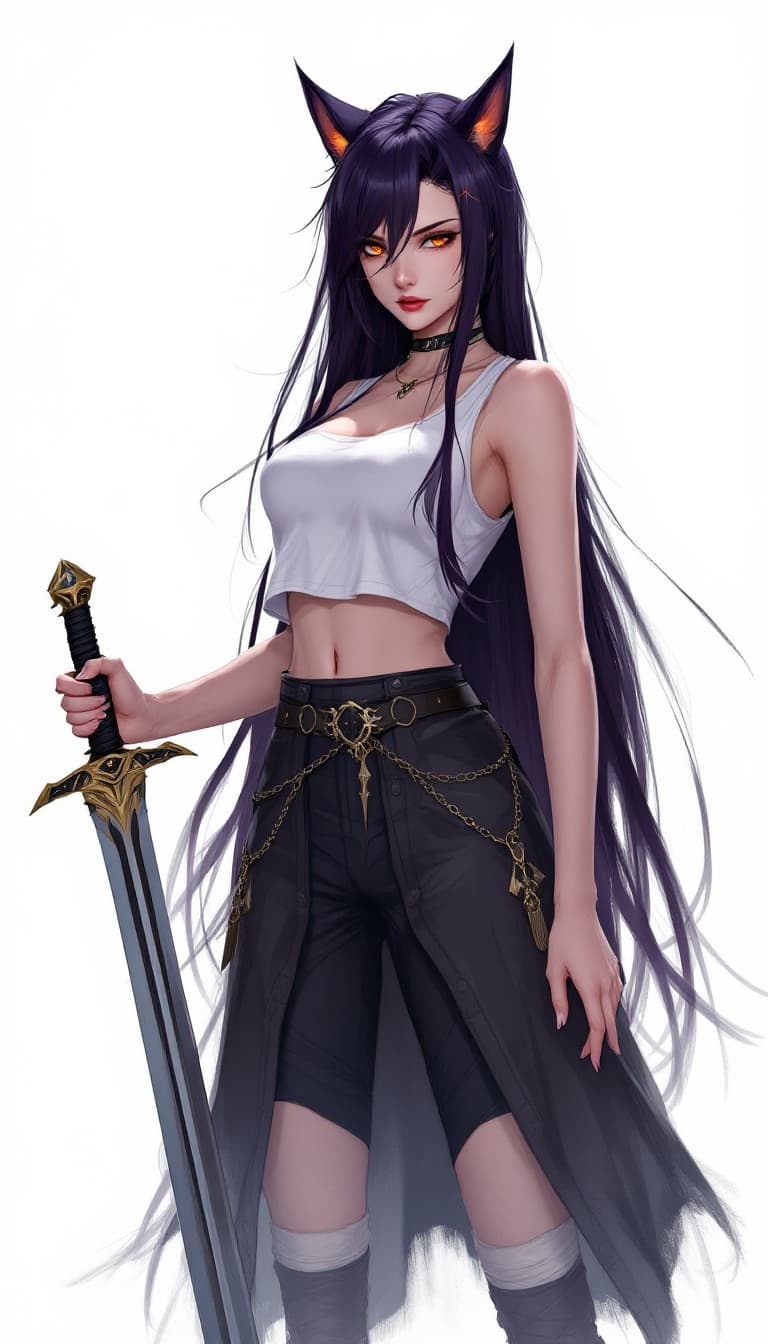 AI generated: 1 woman, weapon longsword, long hair, dark purple hair,cat ears, white background, solo, looking at ...