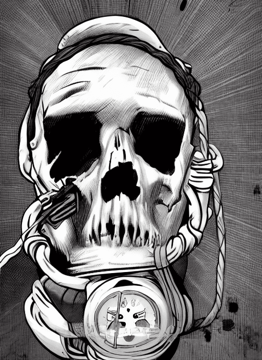 AI generated: portrait shot of a skull wearing an oxygen mask, cartoon mad max
