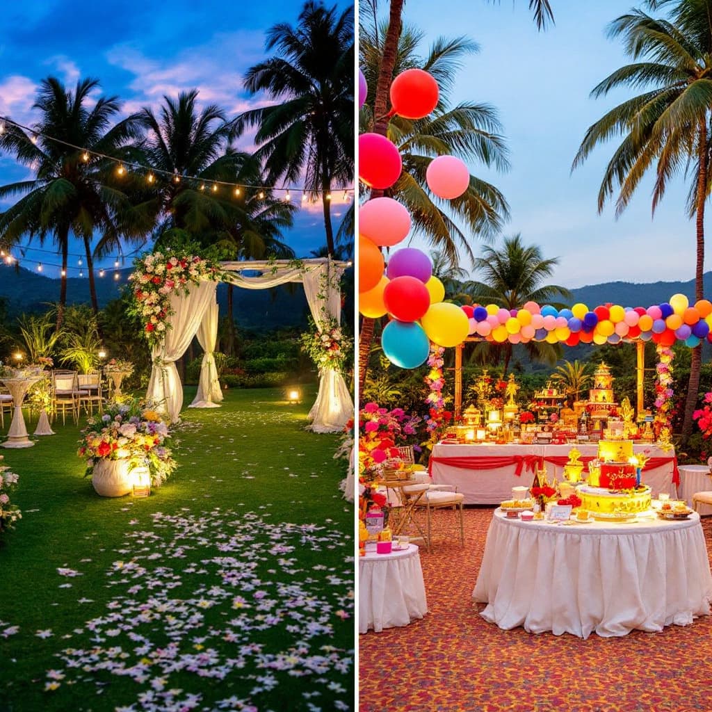 AI generated: A picturesque outdoor venue in a lush tropical setting at Oshin Resorts, Wayanad, featuring a dreamy...