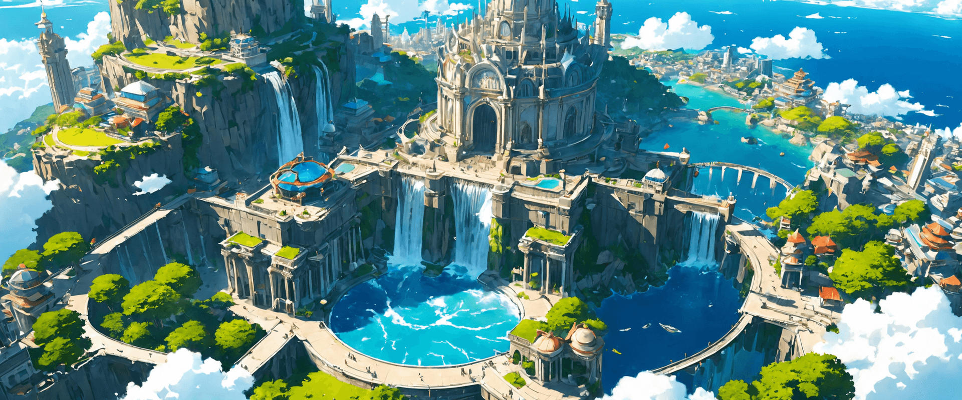 AI generated: anime artwork Architectural style a circular kingdom situated in the middle of a beautiful blue ocea...