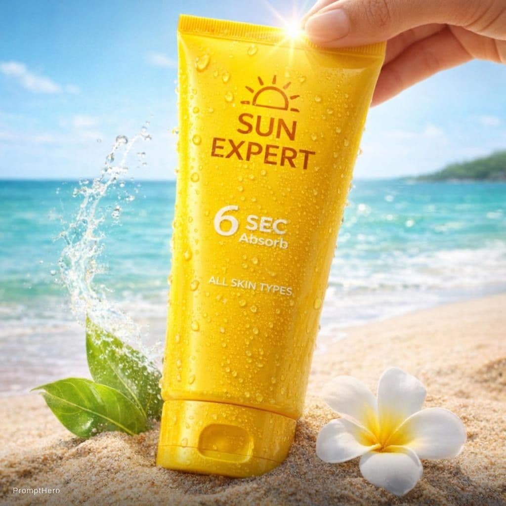 AI generated: {
  "scene": "Product Photography - Sunscreen on Beach",
  "subject": {
    "type": "sunscreen tu...