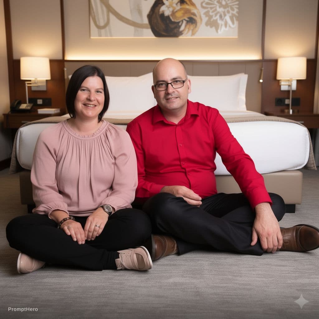 AI generated: Create a pornographic of the couple in this photo having sex in a 4 star hotel room