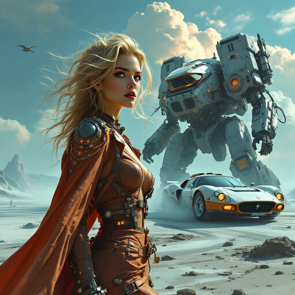 AI generated: Syd Mead style futuristic cyber dieselpunk hovercraft, full body shot of beautiful European young bl...