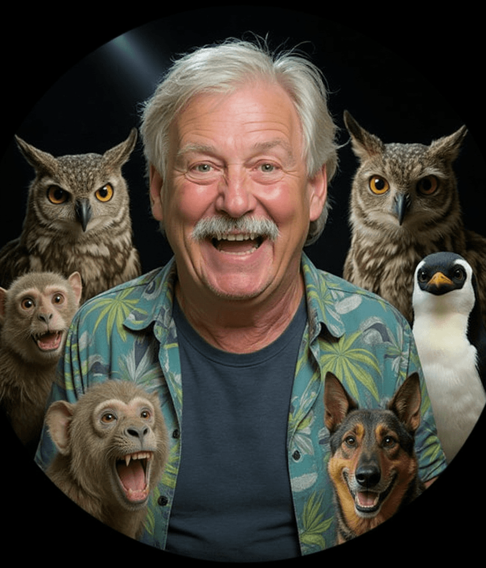 AI generated: A hyperrealistic, wide-angle close-up parody portrait of myself surrounded by happy animals, all cau...