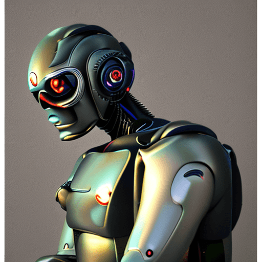 AI generated: Cyborg robot, sitting in a zazen sitting position, vubrant colors, hyperrealistic, cinematic