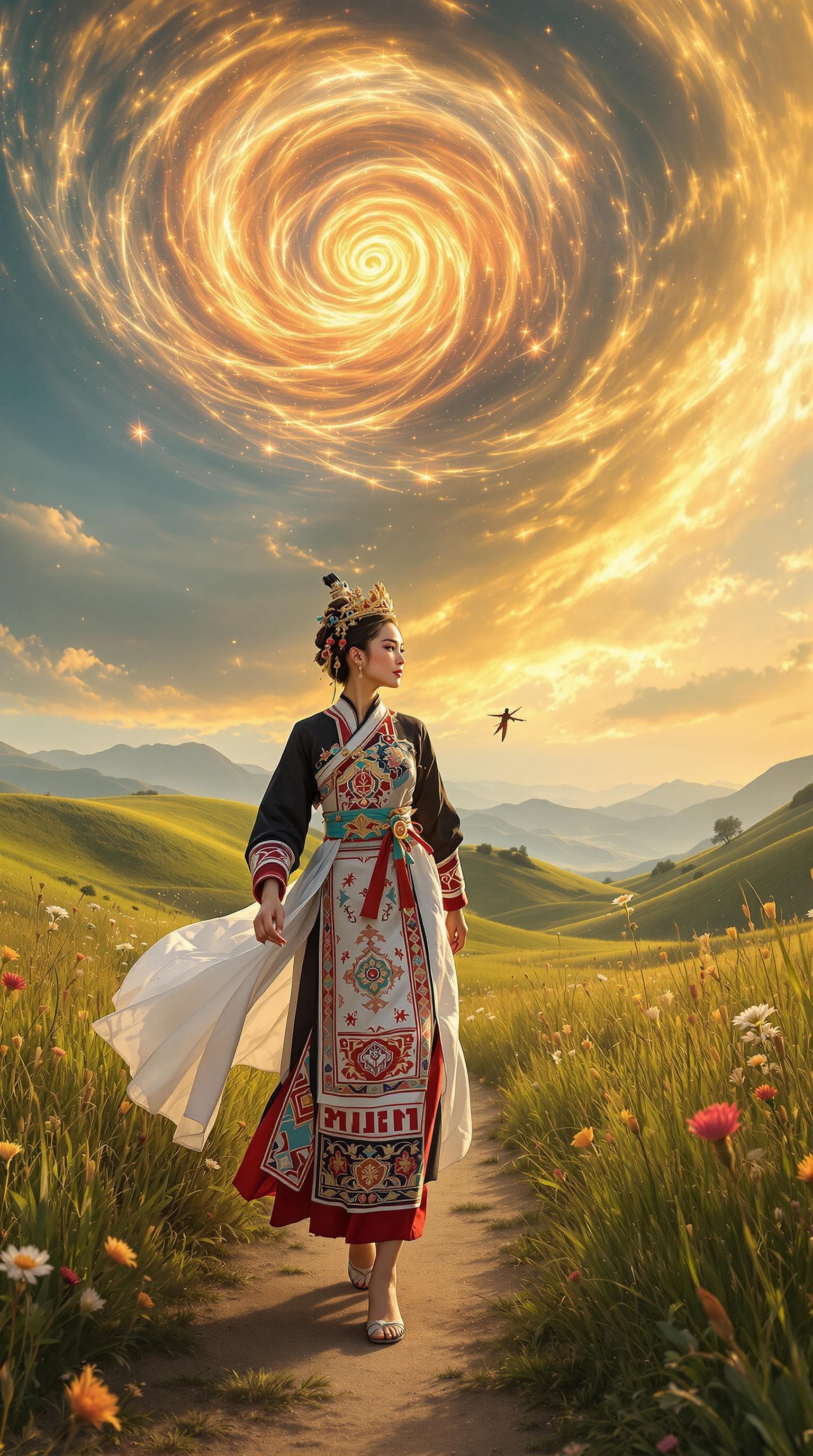 AI generated: A woman in traditional Vietnamese (likely H'mong) attire, walking on a dirt path amidst a field of t...