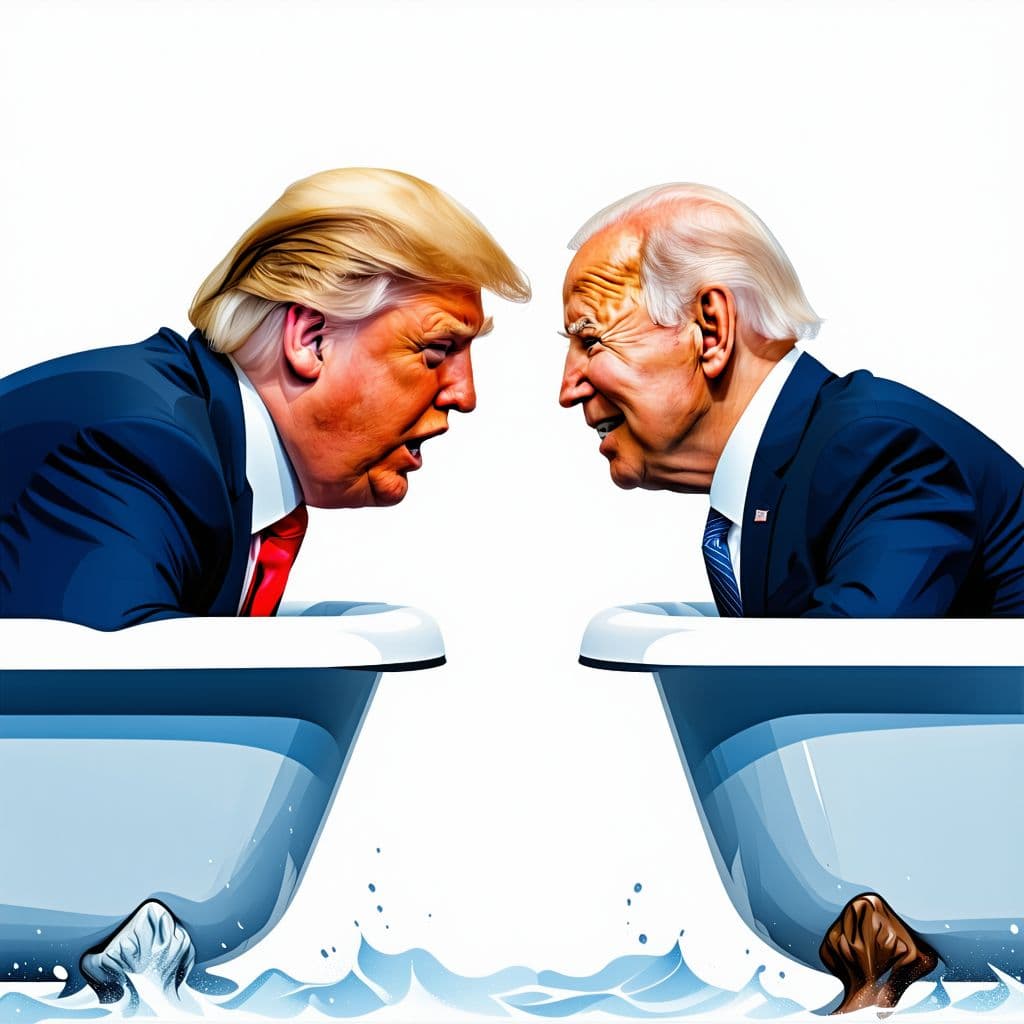 AI generated: Donald Trump and Joe Biden facing each other in a bathtub, surreal drawing, flat shading, cartoon st...