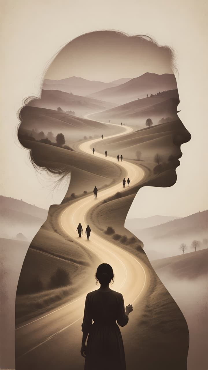 AI generated: Surreal conceptual landscape forming a human head silhouette in profile. Inside the silhouette, a wi...