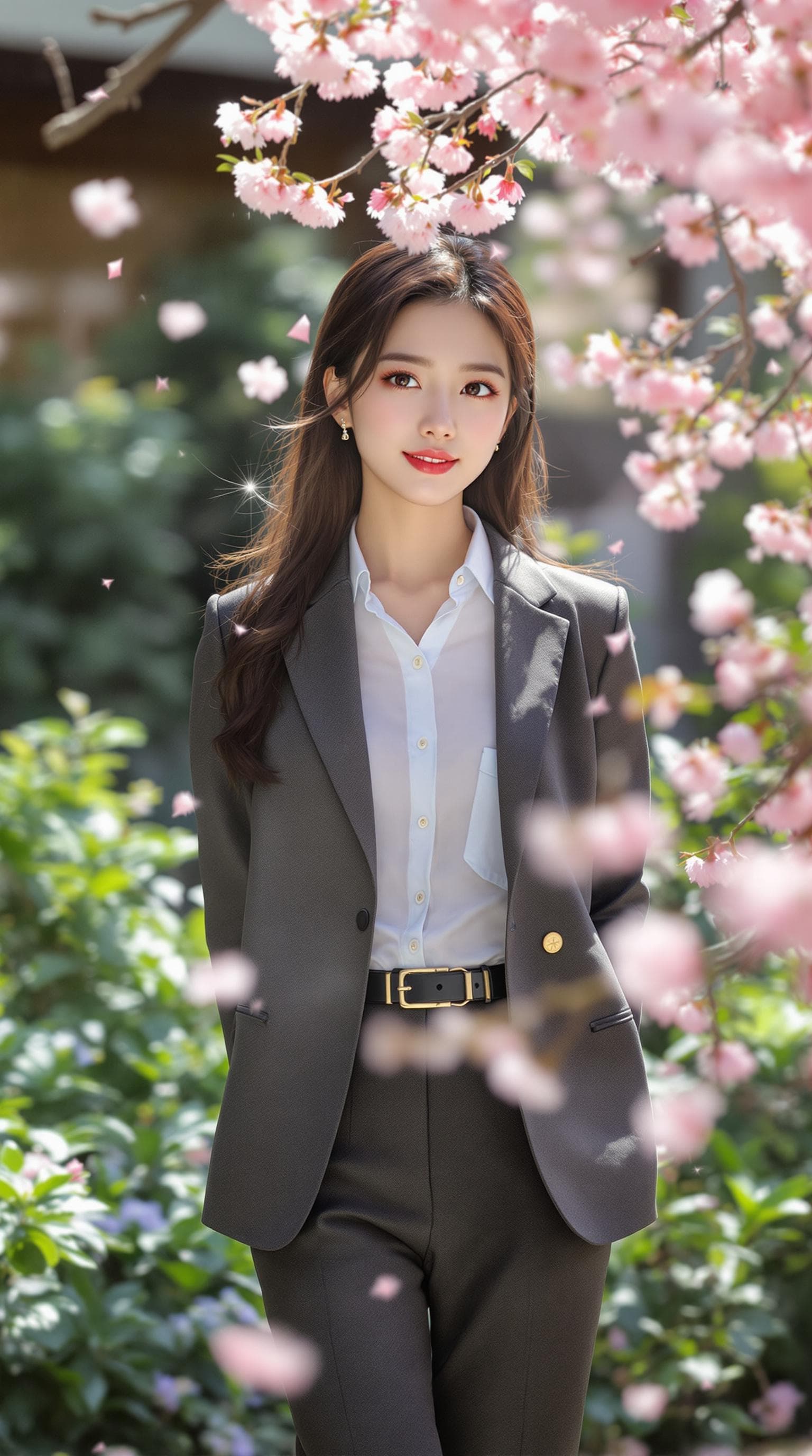 AI generated: A serene Japanese girl stands gracefully in a lush garden, cherry blossoms gently falling around her...