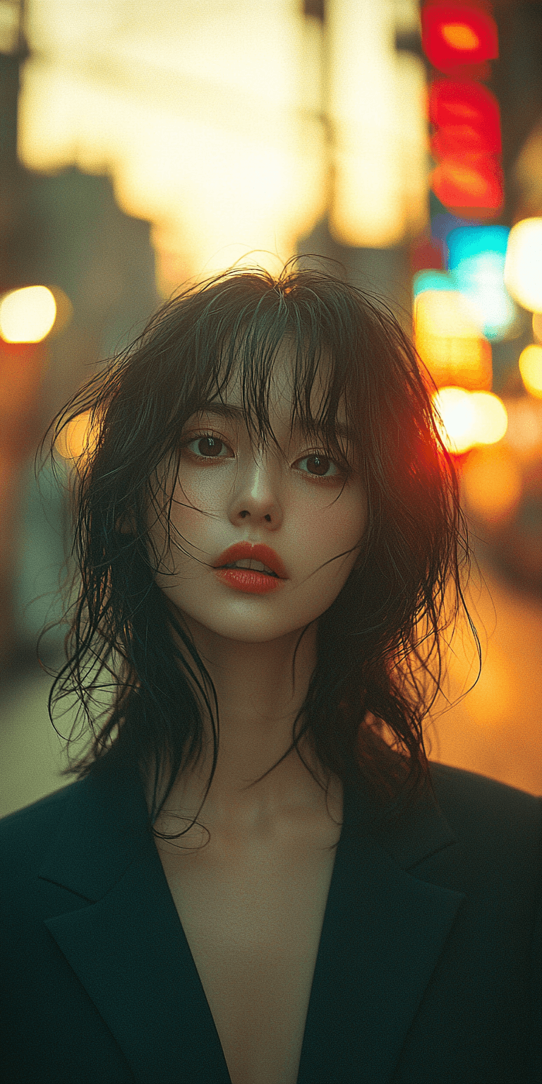 AI generated: A photograph of an Asian woman against the backdrop of a blurred city street at sunset, in the style...