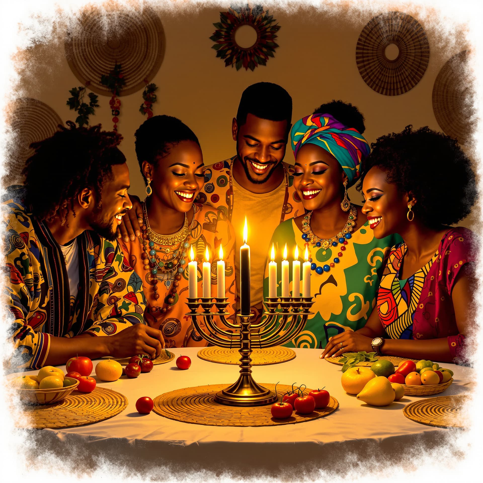 AI generated: A warm, inviting family scene celebrating the first day of Kwanzaa, with a kinara holding a single b...