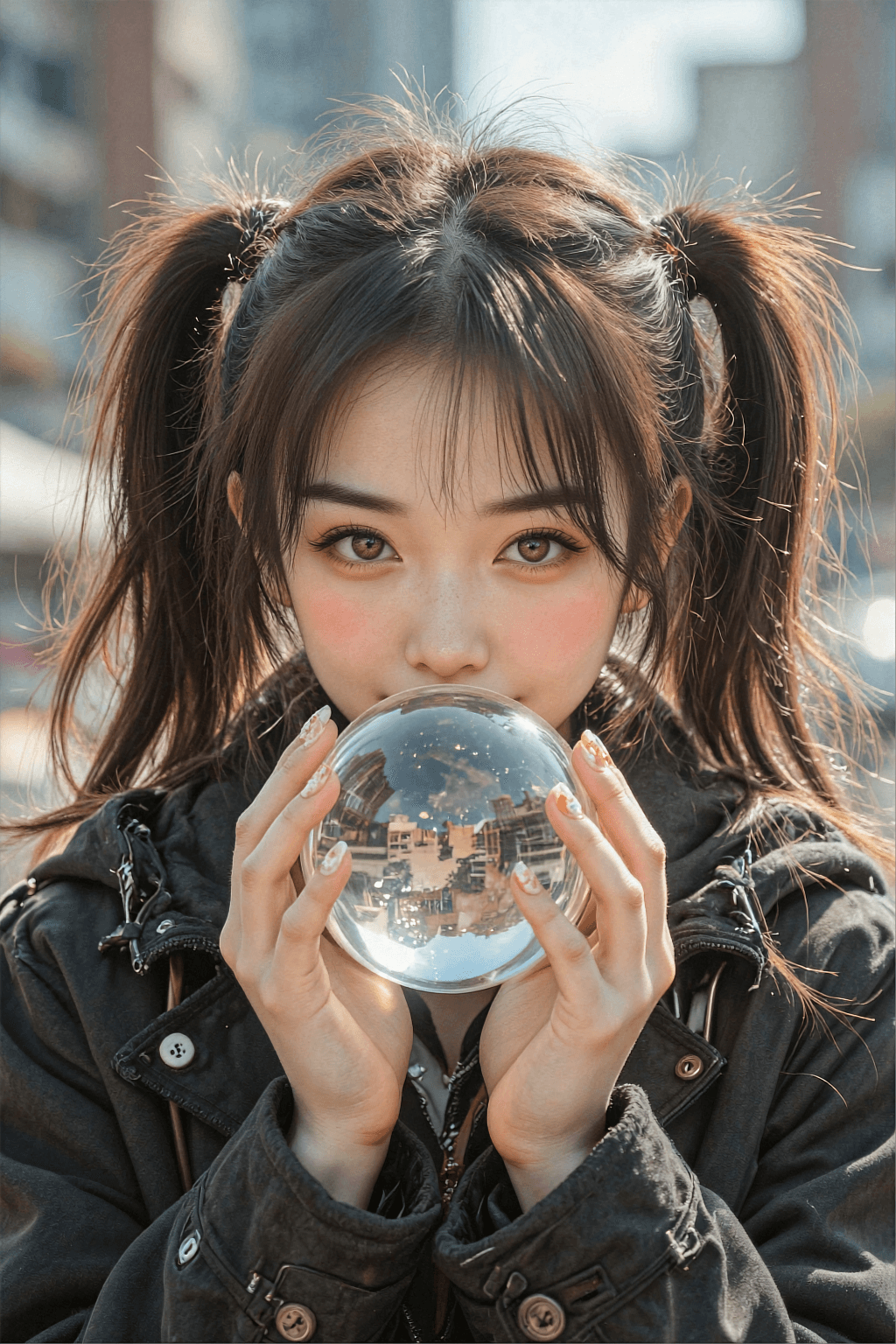 AI generated: A photorealistic outdoor close-up portrait of a cute young Asian woman holding a large clear glass s...