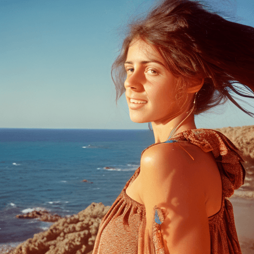 AI generated: a spanish girl brown hair, brown eyes, with a hippie dress in the mediterranean coast. captured with...