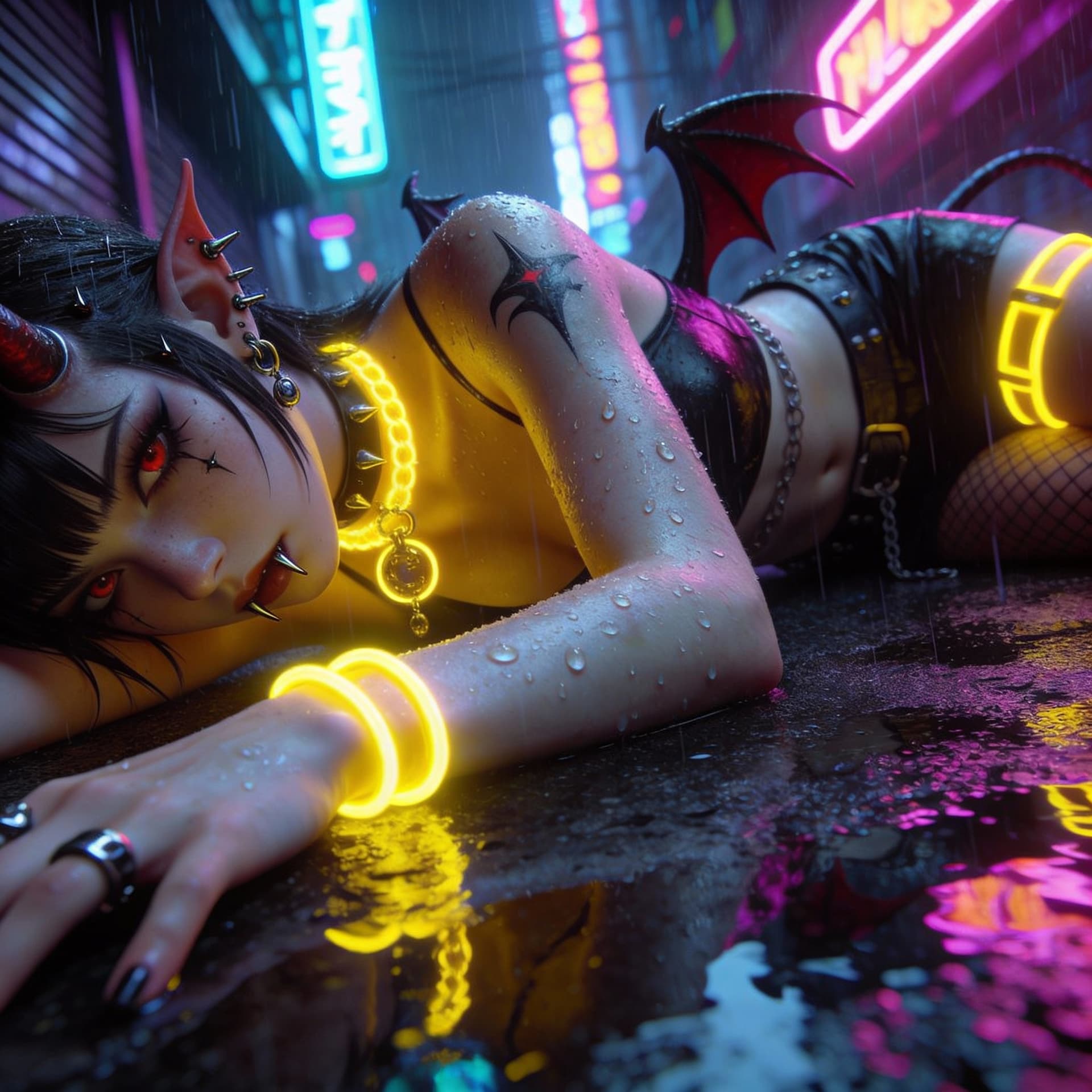 AI generated: Cyberpunk: cyberpunk aesthetic, absurdres, a demon girl with cybernetic piercings and glowing yellow...