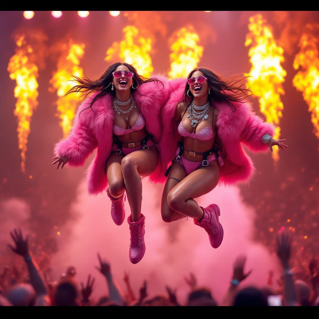AI generated:  twin sisters on stage, dressed like rappers, flying on jetpacks, wearing pink fur coats, wearing di...