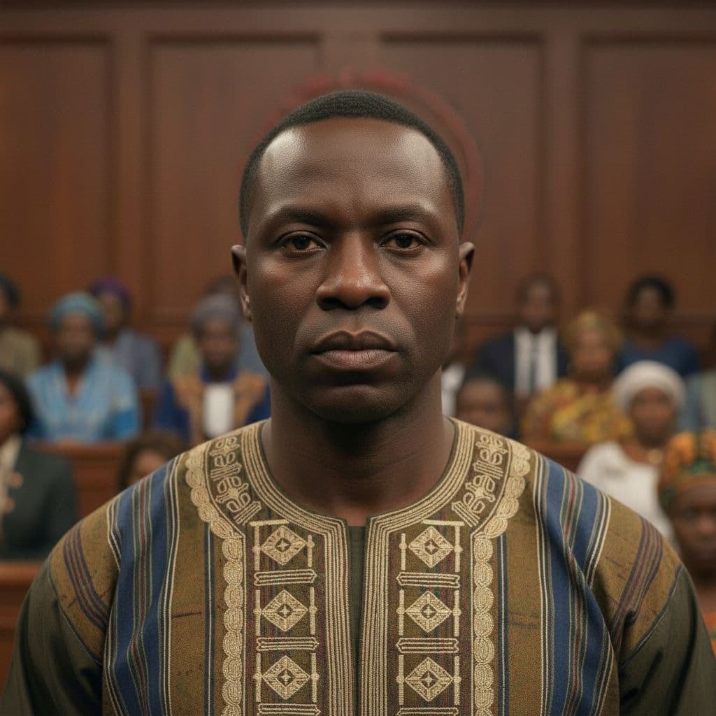 AI generated: generate a close up portraiture image from the front of the defendant with the audience behind him ,...