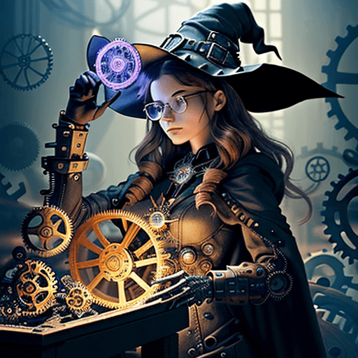 AI generated: Create a digital illustration depicting a young witch practicing mechanical magic. In the image, she...