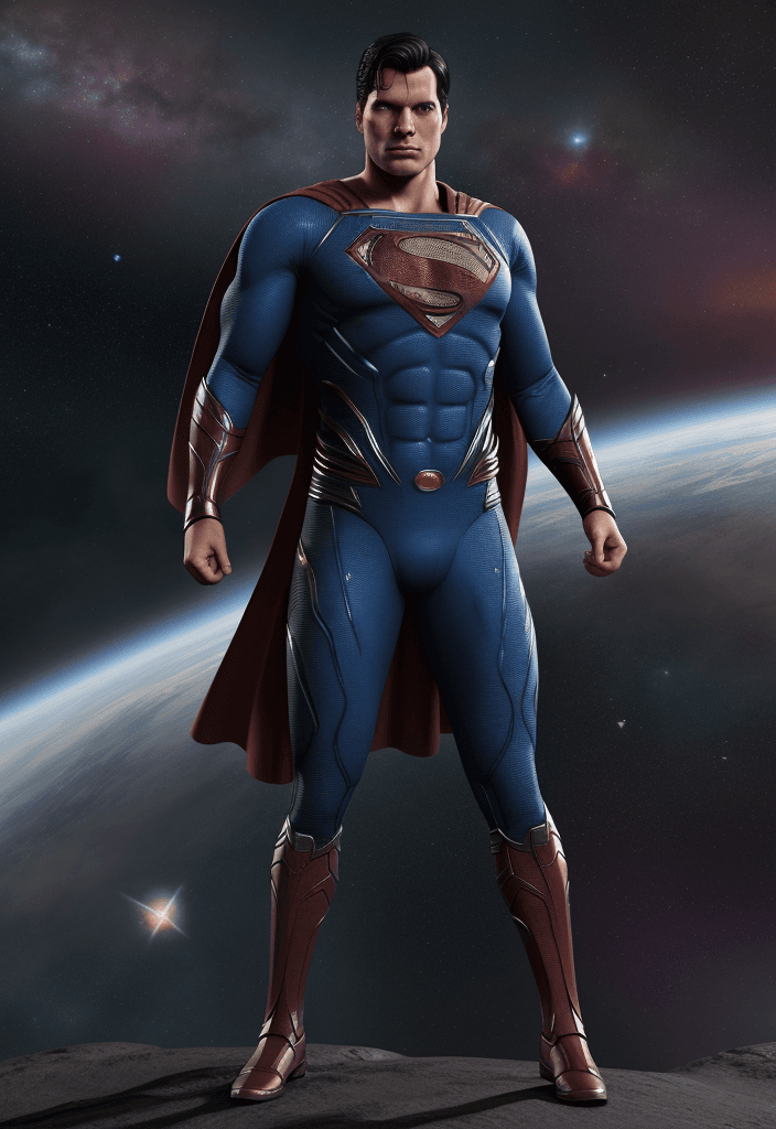 AI generated: Full length portrait. Man of SteelSuperman posing in outer space for Camera. cgsociety, superflat, d...